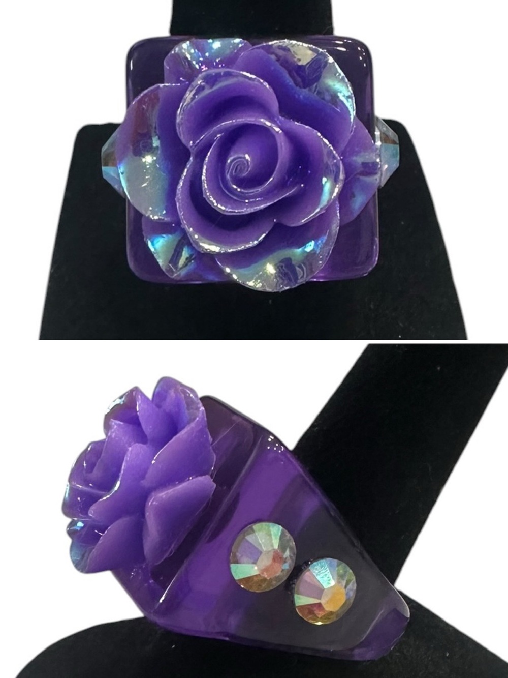 Haus of Lenora: Boutique Purple Rose Resin Statement Ring with  AB Rhinestones